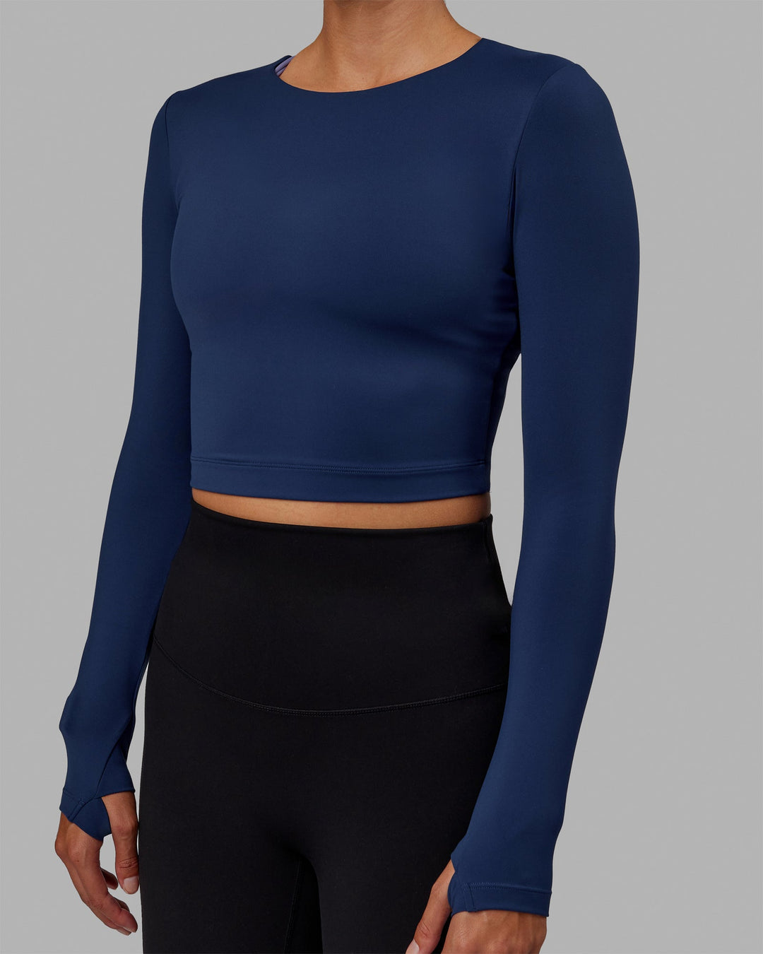 Woman wearing Staple LS Cropped Tee - Midnight Blue