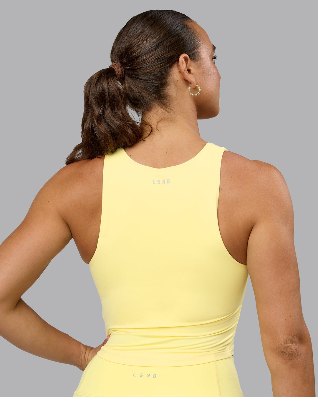 Woman wearing Staple Square Neck Active Shelf Bra Tank - Lemon