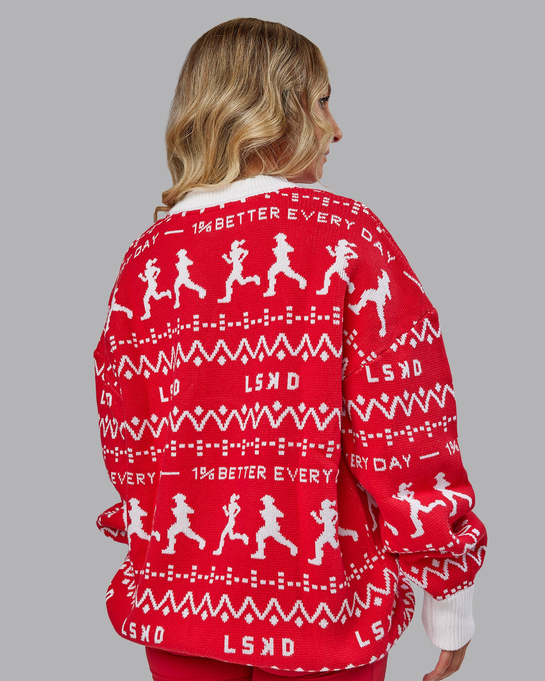 Woman wearing Unisex LSKD Christmas Knit Sweater - Cherry Red-Ivory