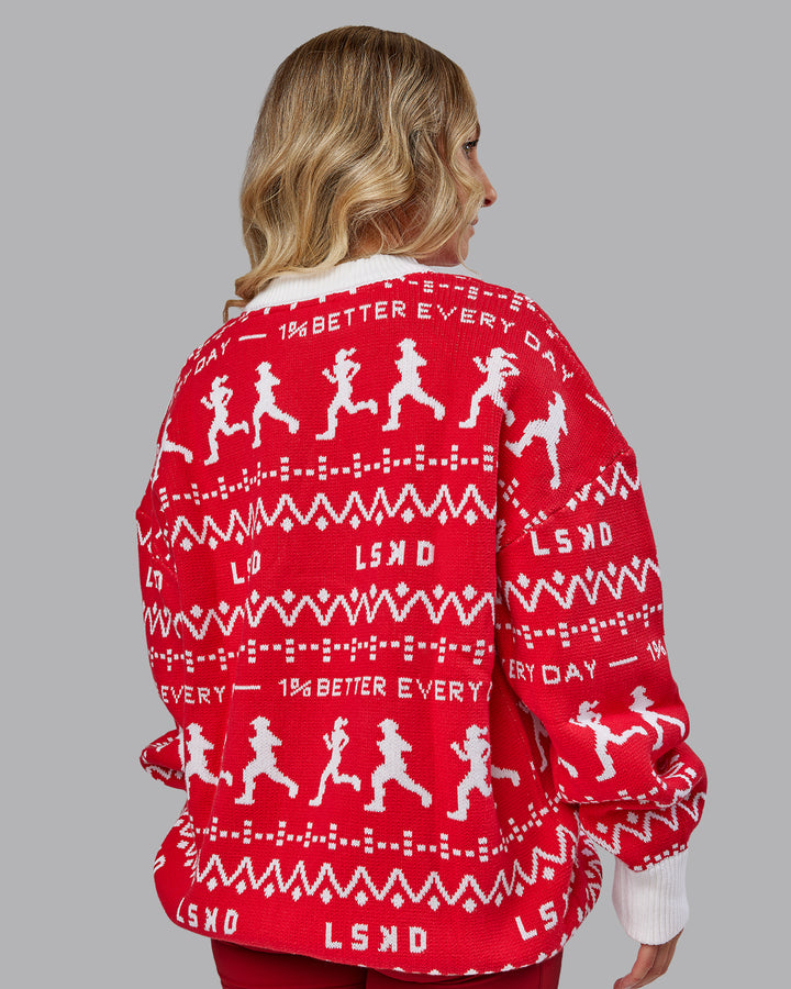 Woman wearing Unisex LSKD Christmas Knit Sweater - Cherry Red-Ivory
