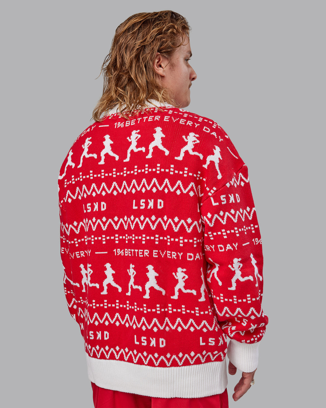 Man wearing Unisex LSKD Christmas Knit Sweater - Cherry Red-Ivory