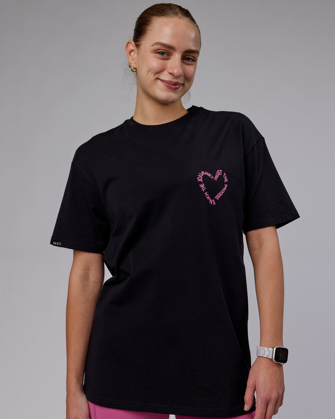 Woman wearing Unisex Love The Process FLXCotton Tee Oversize - Black-Mauve Haze