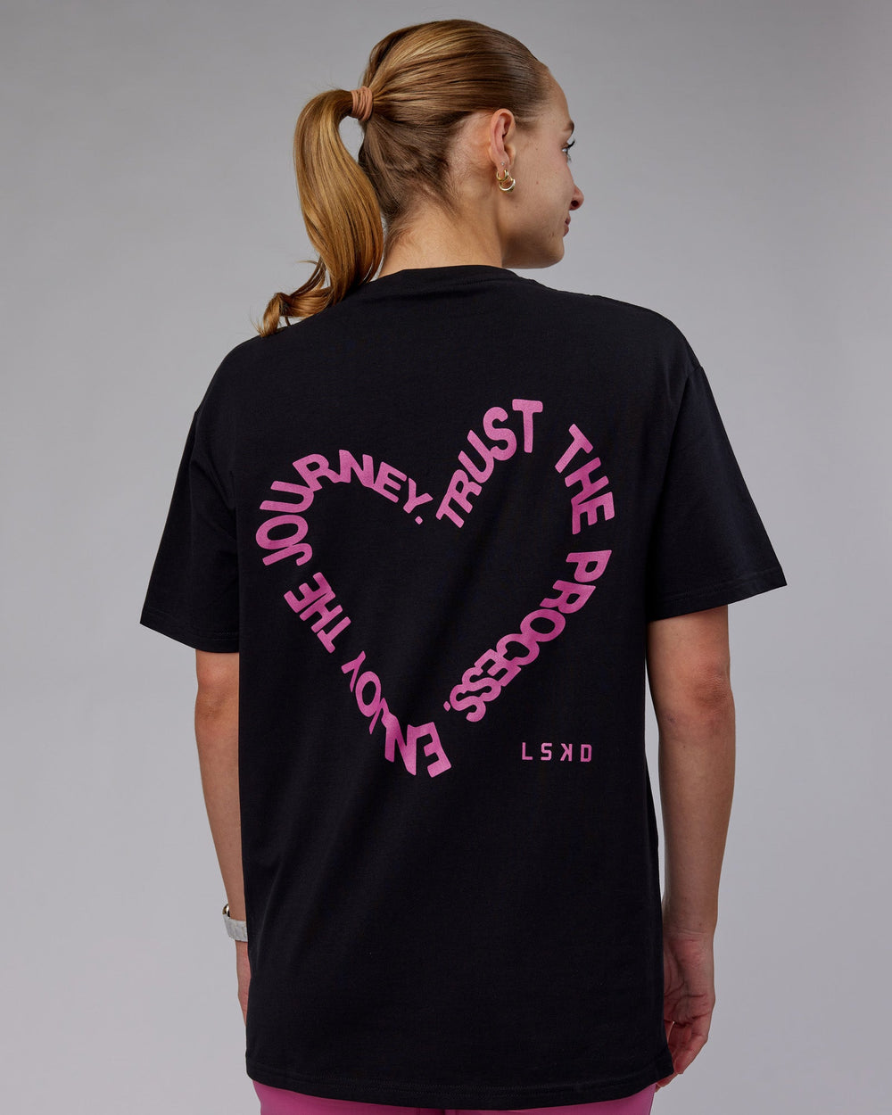 Woman wearing Unisex Love The Process FLXCotton Tee Oversize - Black-Mauve Haze