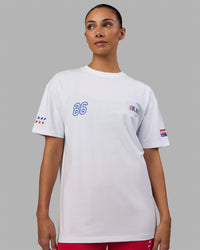Woman wearing Unisex Redline FLXCotton Tee Oversize - White-Navy