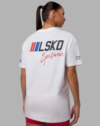 Woman wearing Unisex Redline FLXCotton Tee Oversize - White-Navy