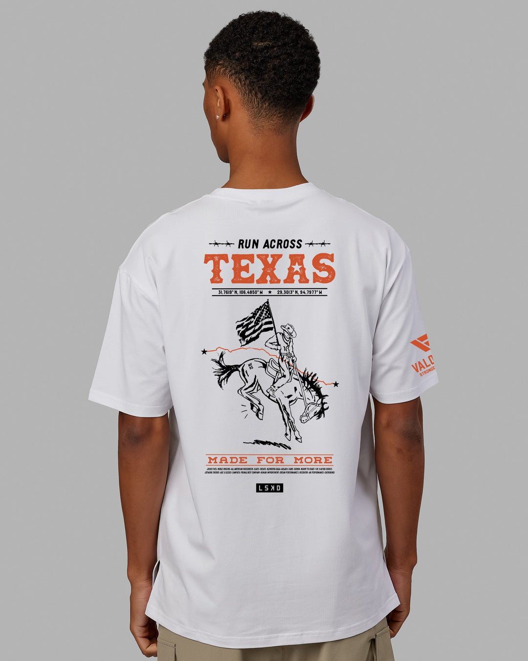 Man wearing Unisex Run Across Texas FLXCotton Tee Oversize - White-Texas