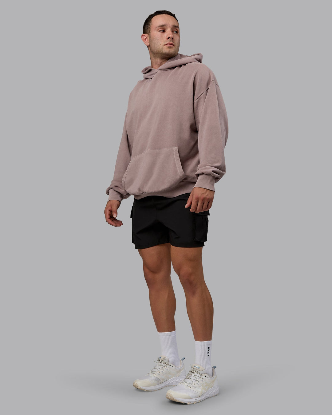 Man wearing Unisex Washed Set the Standard Hoodie Oversize - Greyish Purple-Off White