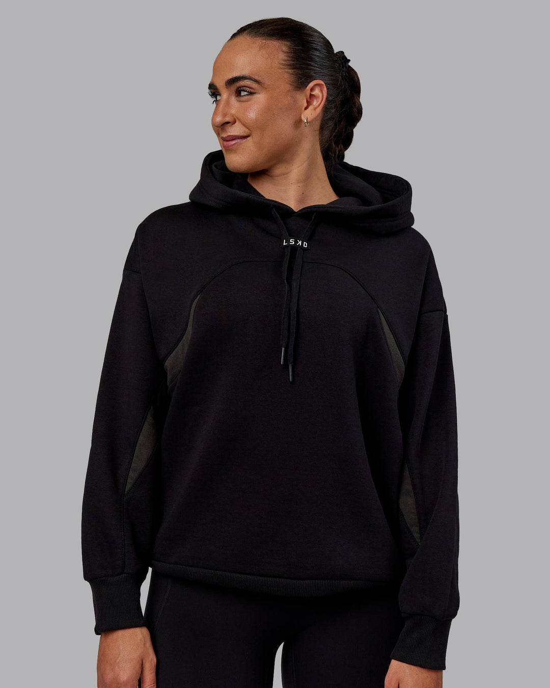 Woman wearing Unisex Y2K Concept Panel Hoodie - Black-Black-Pirate Black