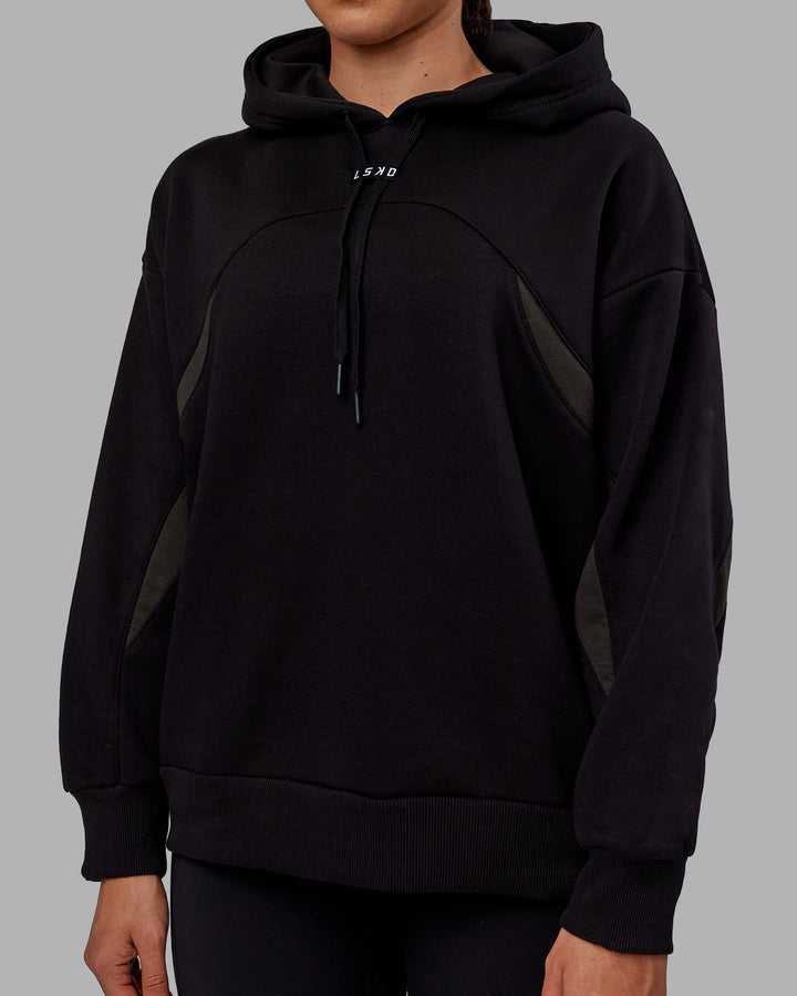 Woman wearing Unisex Y2K Concept Panel Hoodie - Black-Black-Pirate Black
