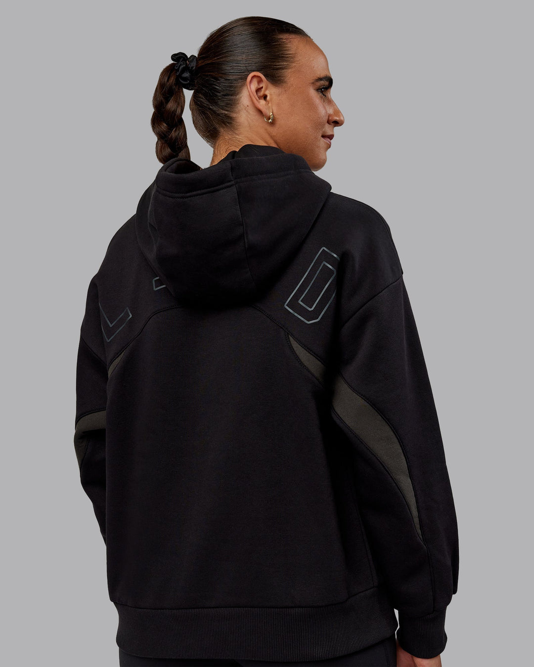 Woman wearing Unisex Y2K Concept Panel Hoodie - Black-Black-Pirate Black