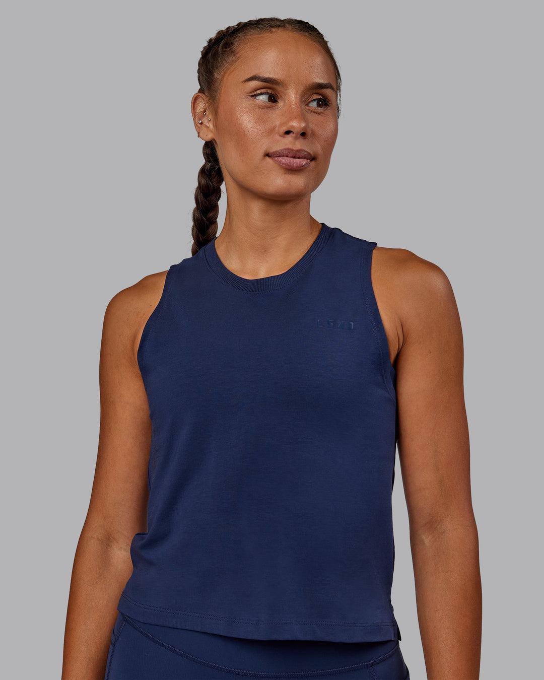 Woman wearing Deluxe PimaFLX Tank - Future Navy