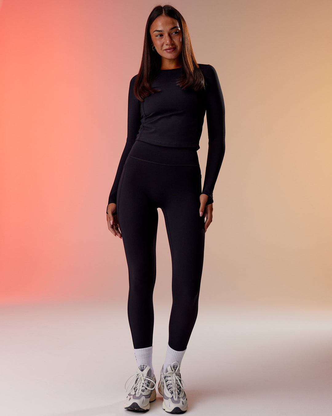 Woman wearing Embrace Thermal Long Sleeve Tee - Black | Model:Kirstyn | Size:S