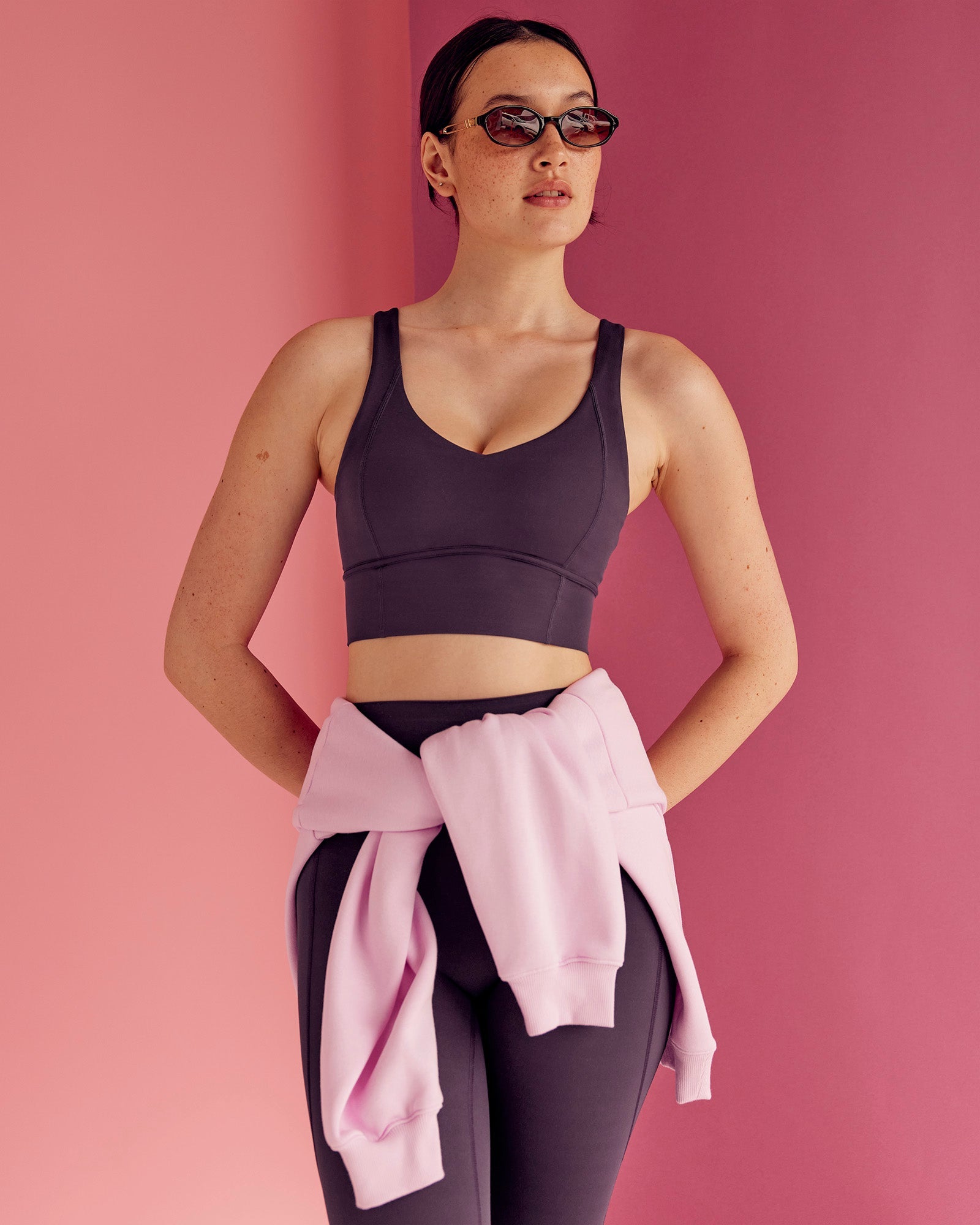 Woman wearing Function Longline Sports Bra - Midnight Plum | Model:Paradise | Size:S