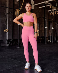 Woman wearing Fusion Ultra High-Rise Full Length Legging Pockets - Candy Pink | Model:Keisha | Size:S