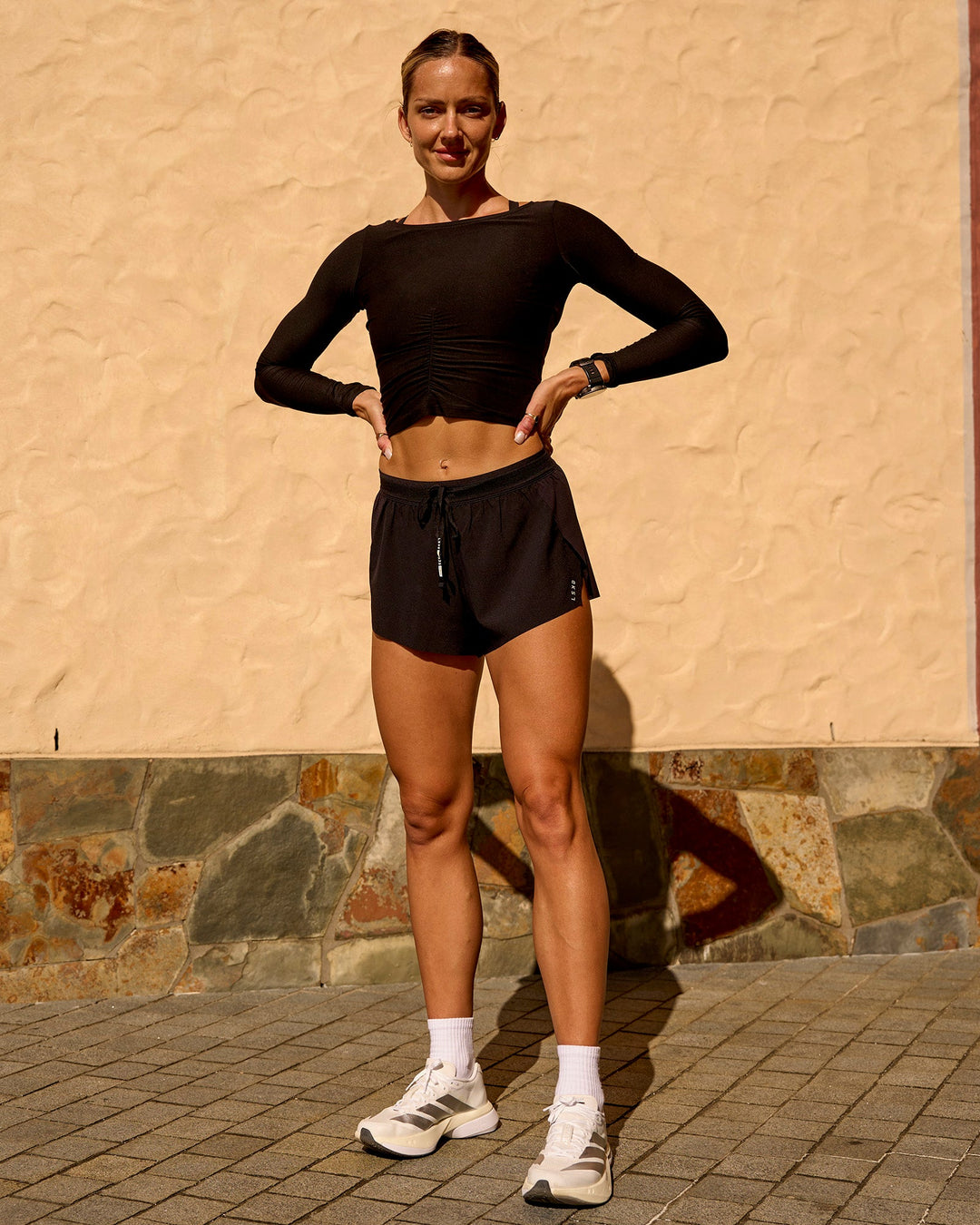 Woman wearing Scrunch Long Sleeve Tee - Black | Model:Lauren | Size:S