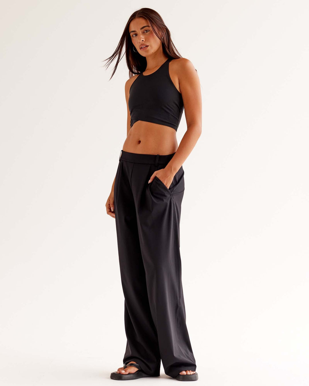 Woman wearing StretchShift Wide Leg Pant - Black | Model:Ruby | Size:S