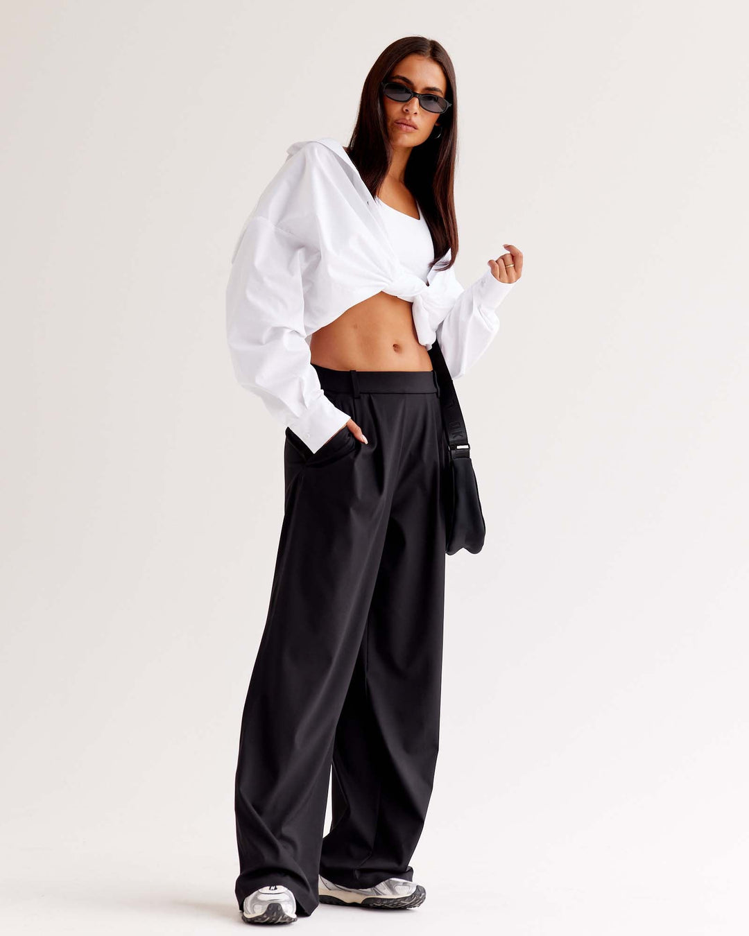 Woman wearing StretchShift Wide Leg Pant - Black | Model:Ruby | Size:S