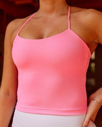 Woman wearing Twister Shelf Bra Tank - Candy Pink | Model:Brooke | Size:S