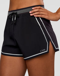 Woman wearing Accelerate 3" Reflective High-Rise Running Short - Black-Reflective | Set:true | Angle:closeup | Model:Rosie | Size:S