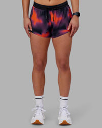 Woman wearing Accelerate 3" Running Short - Inferno Print | Model:Keisha| Size:S