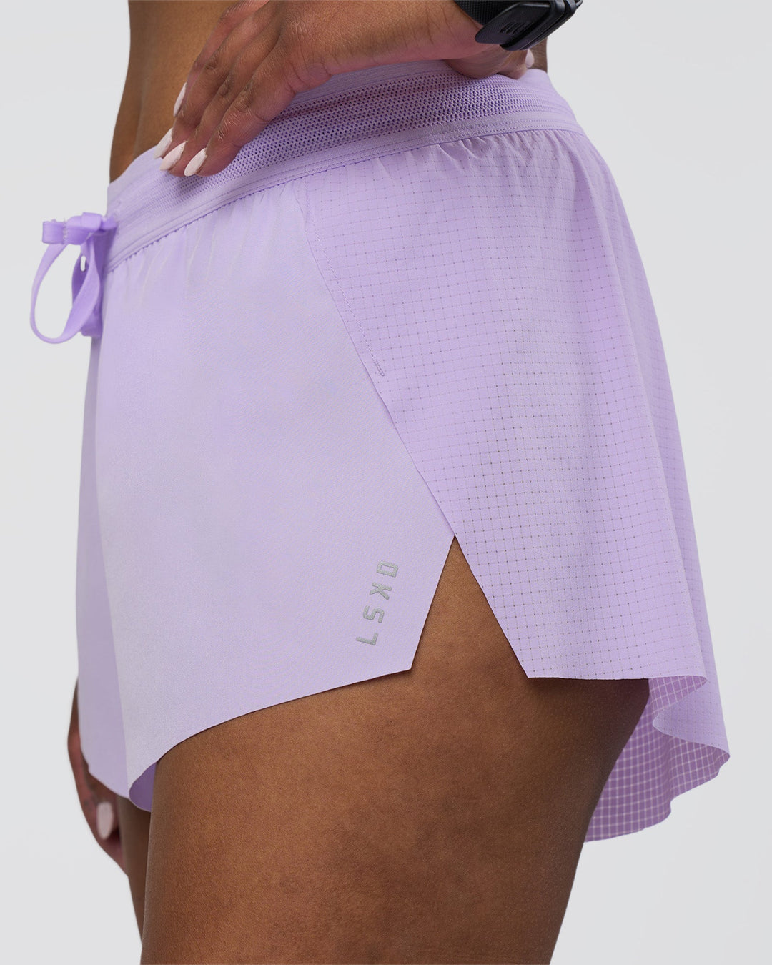 Woman wearing Accelerate 3&quot; Running Short - Pale Lilac | Model:Rica | Size:S
