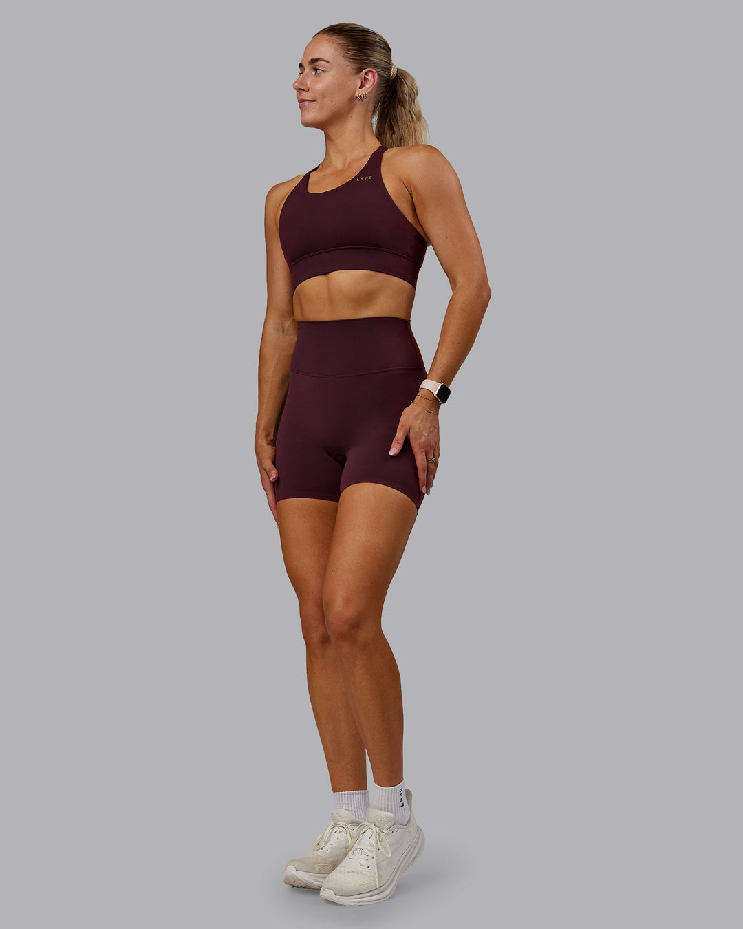 Woman wearing Accelerate Sports Bra - Cherry Lacquer | Model:Hannah | Size:S