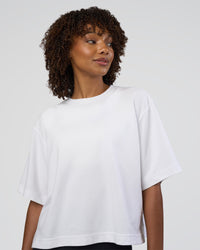 Woman wearing AfterDark ZeroCrease Cropped Tee - White | Model:Tomi | Size:S | Thumbnail Index: 0