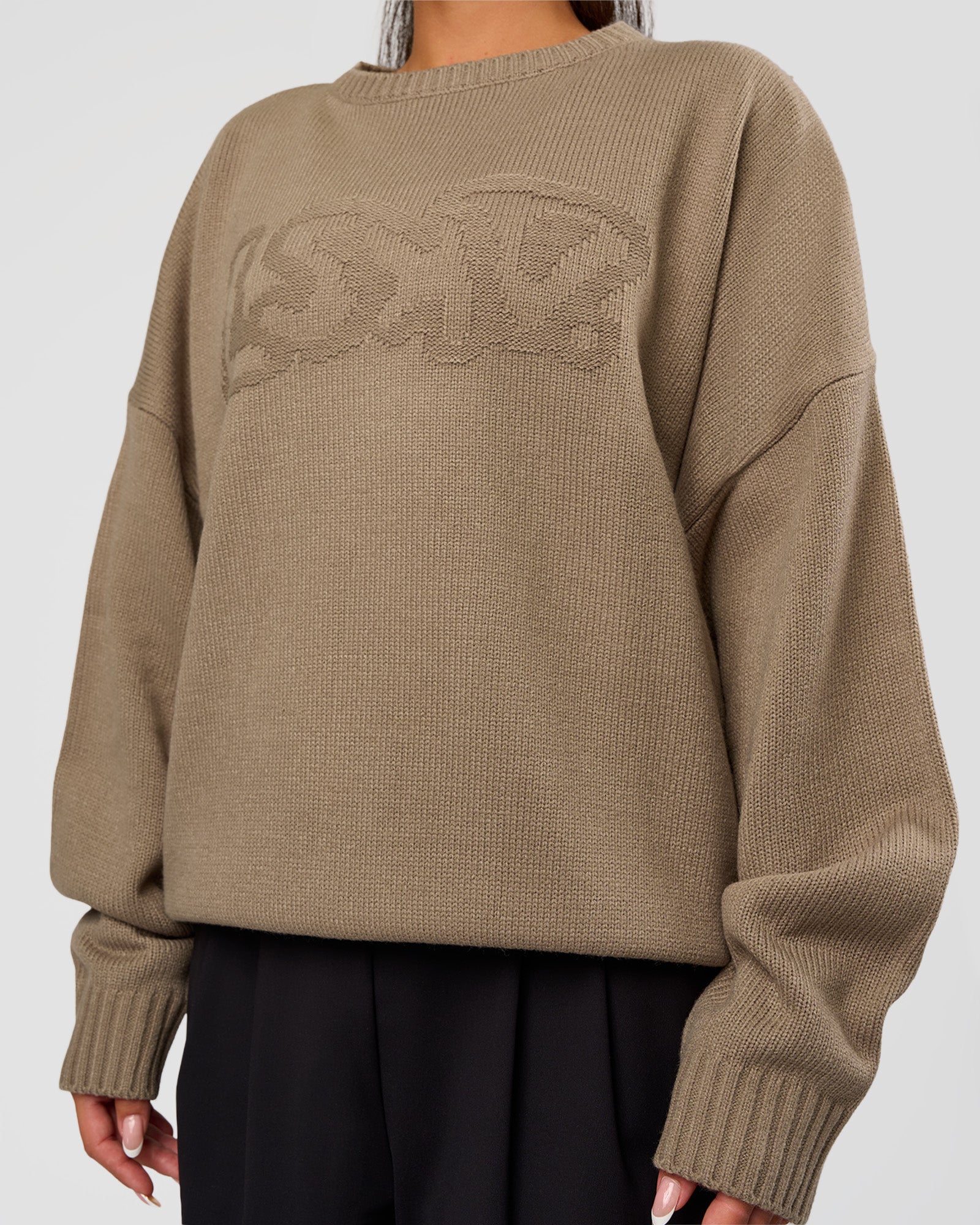Woman wearing All Day Active Knitted Sweater - Taupe Ash | Model:Bianca | Size:S