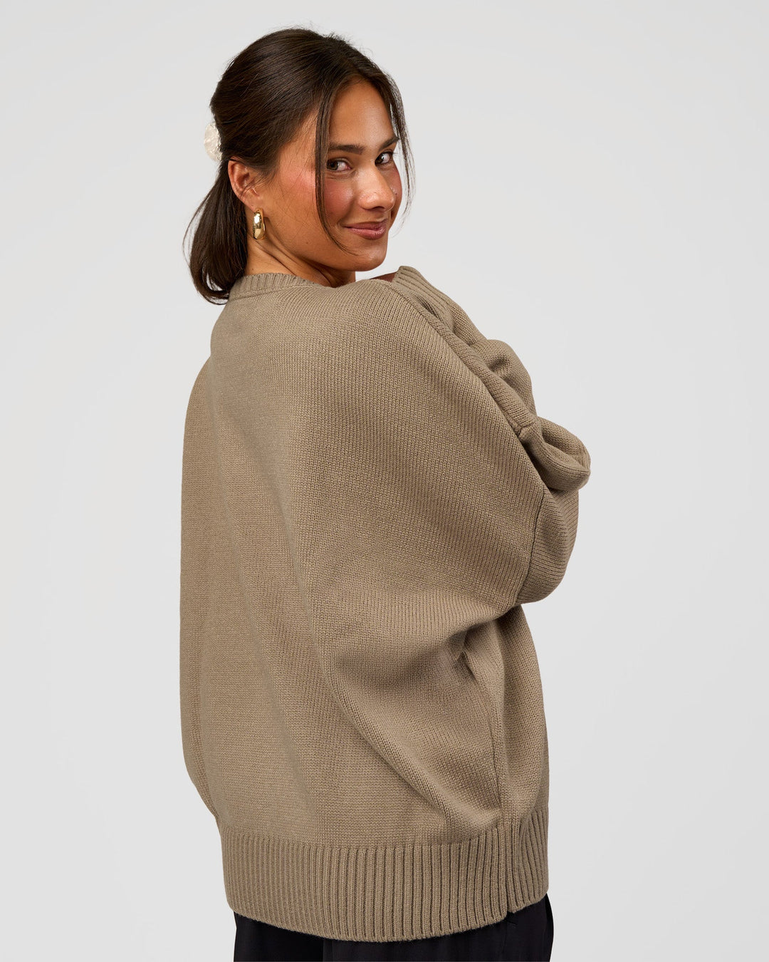 Woman wearing All Day Active Knitted Sweater - Taupe Ash | Model:Bianca | Size:S - view 3
