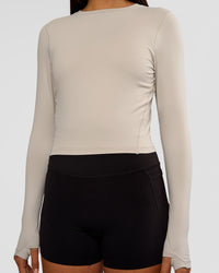 Woman wearing All Day Long Sleeve Tee - Shale Beige | Model:Ruby | Size:S