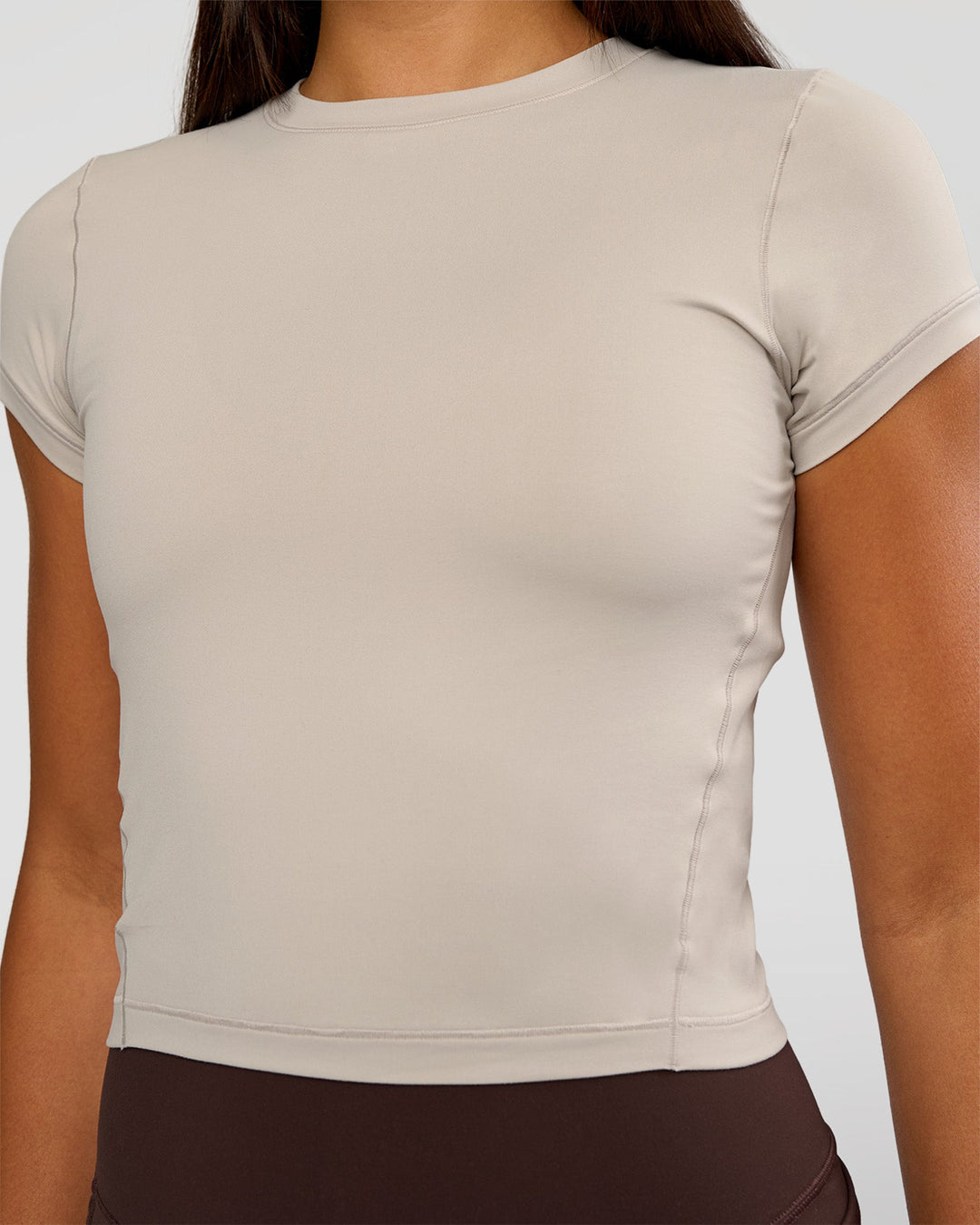 Woman wearing All Day Short Sleeve Tee - Shale Beige | Model:Ruby | Size:S