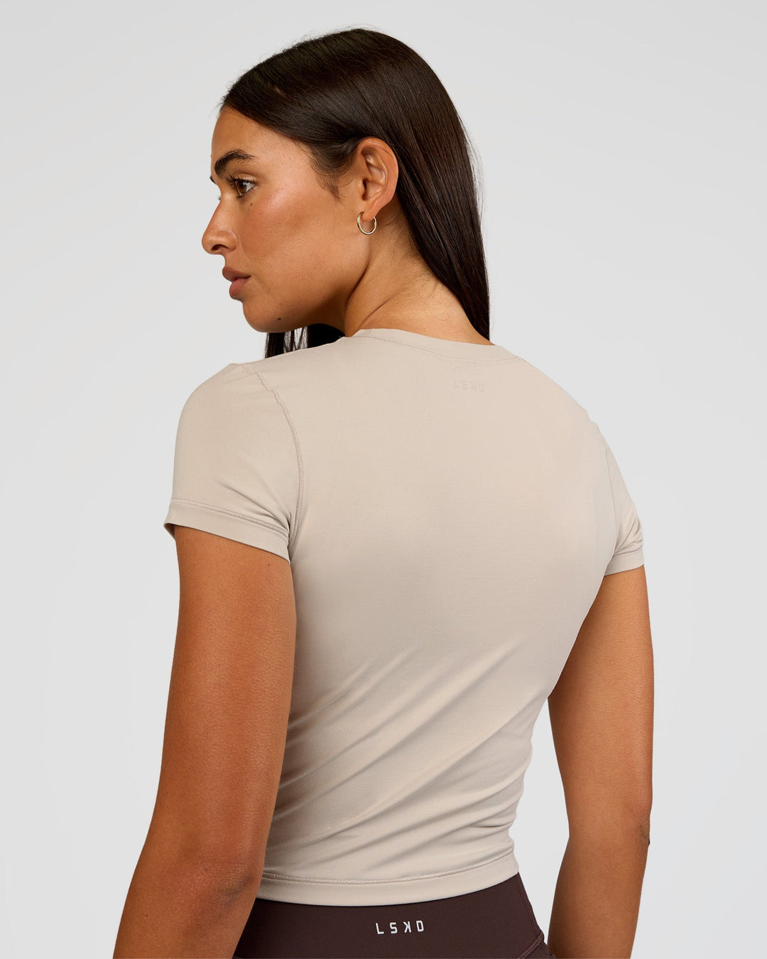 Woman wearing All Day Short Sleeve Tee - Shale Beige | Model:Ruby | Size:S
