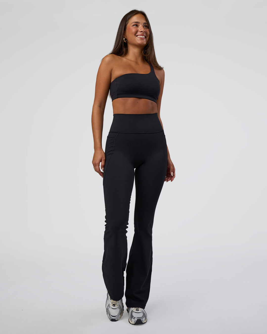 Woman wearing Angle Sports Bra - Black | Model:Bianca | Size:S