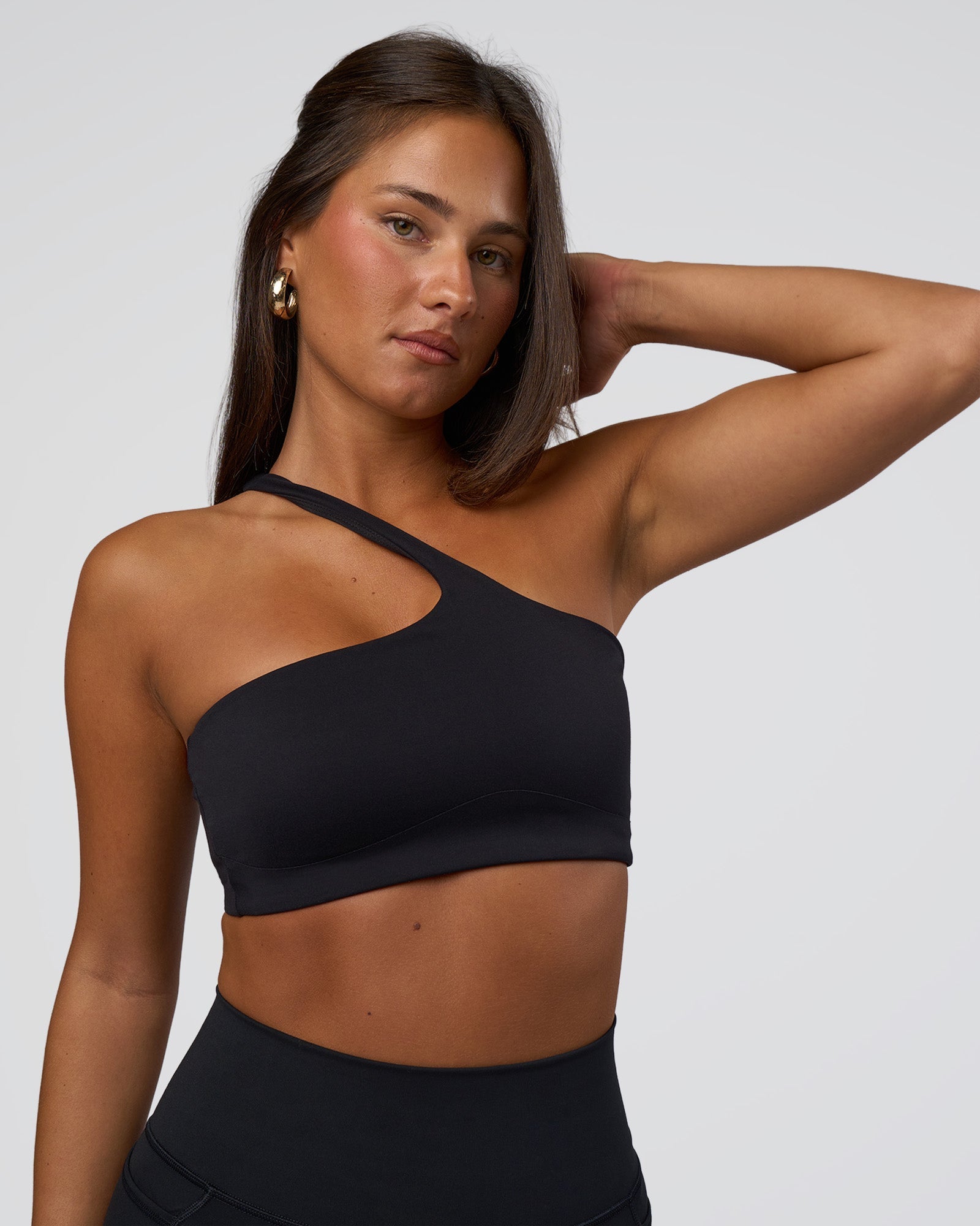 Woman wearing Angle Sports Bra - Black | Model:Bianca | Size:S