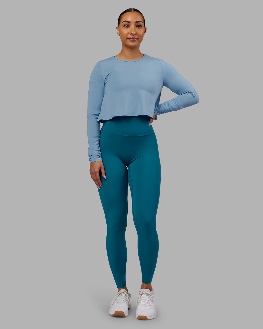 Woman wearing Breeze Long Sleeve Training Tee - Glacier Lake | Model:Ayla | Size:S