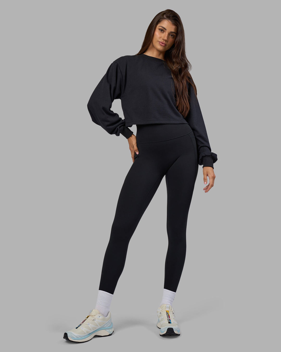 Woman wearing Breeze Open Back Sweater - Black-Black | Model:Phoebe | Size:S