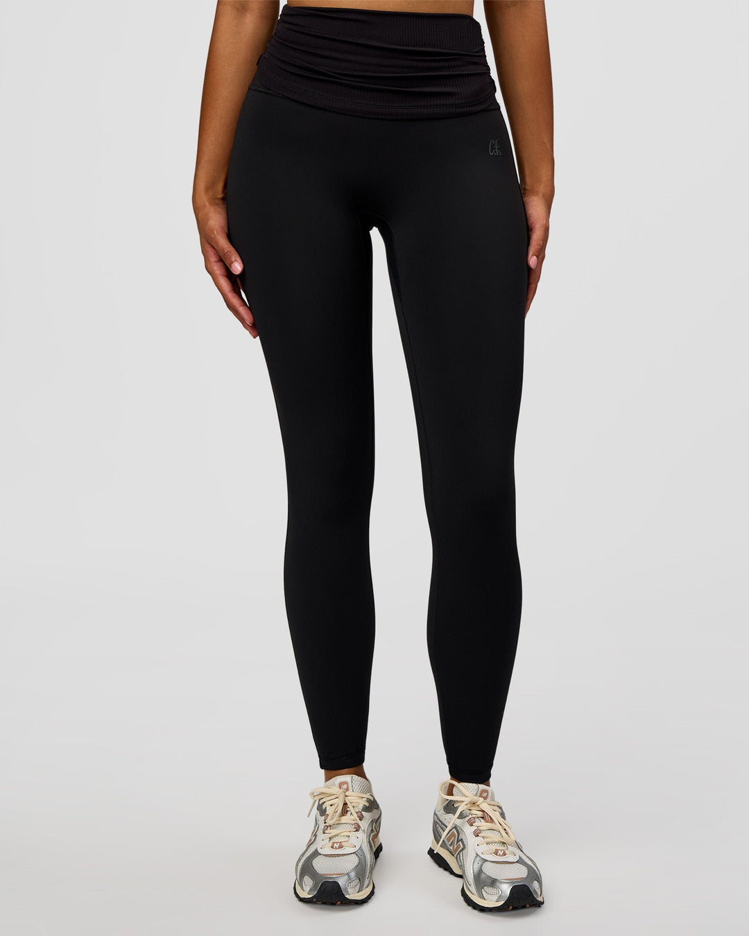 Model wearing CF Fold Over High-Rise Full Length Legging - Black | Model:Jordan | Size:S