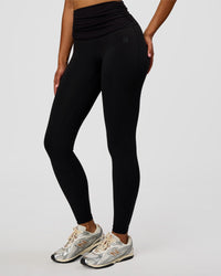 Model wearing CF Fold Over High-Rise Full Length Legging - Black | Model:Jordan | Size:S