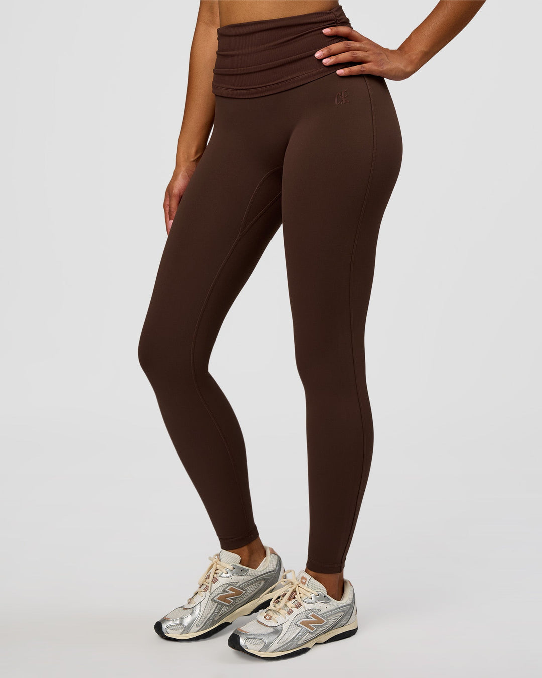 Woman wearing CF Fold Over High-Rise Full Length Legging - Hot Chocolate | Model:Jordan | Size:S