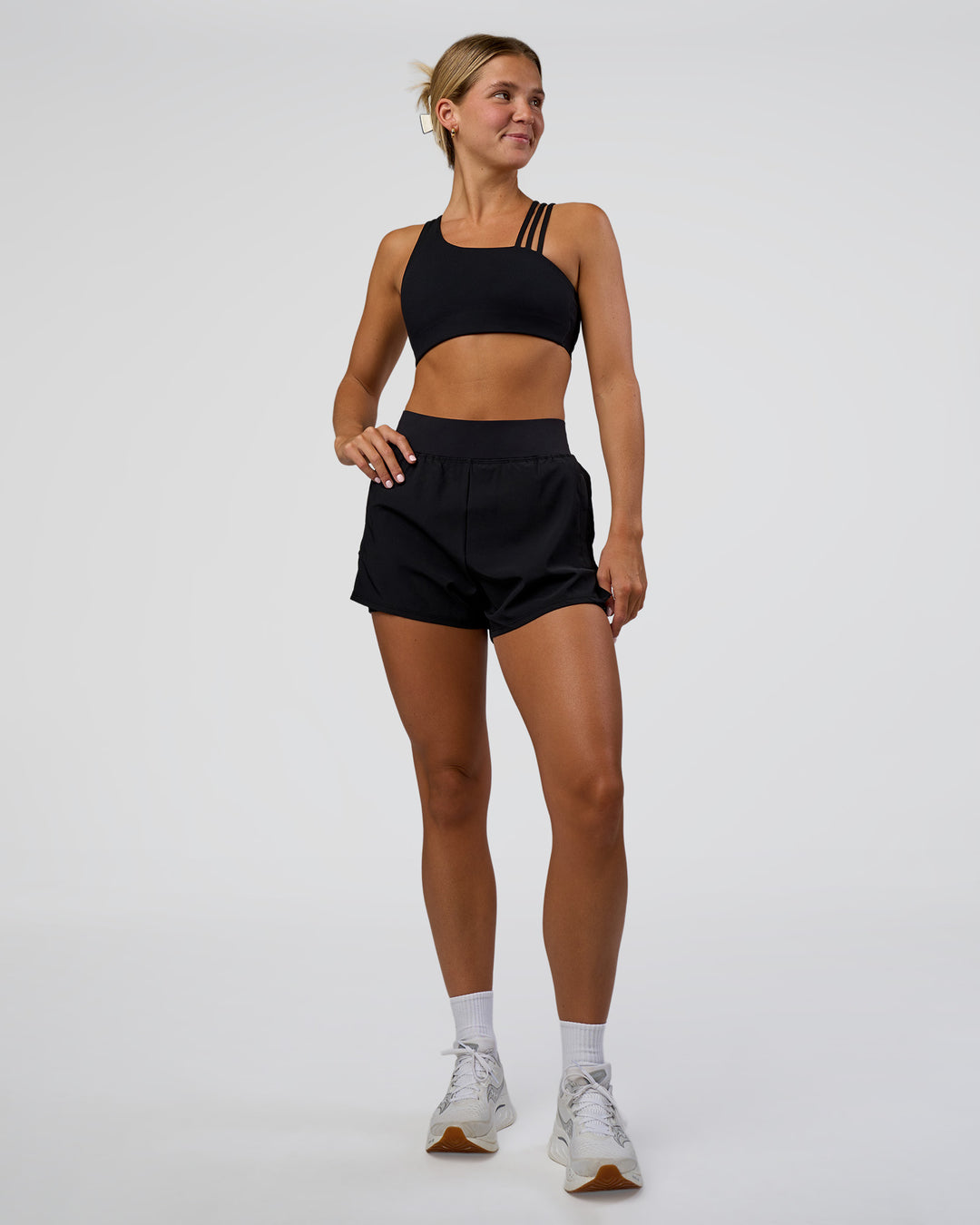 Woman wearing Challenger 3&quot; Lined Performance Short - Black | Model:Amity | Size:S