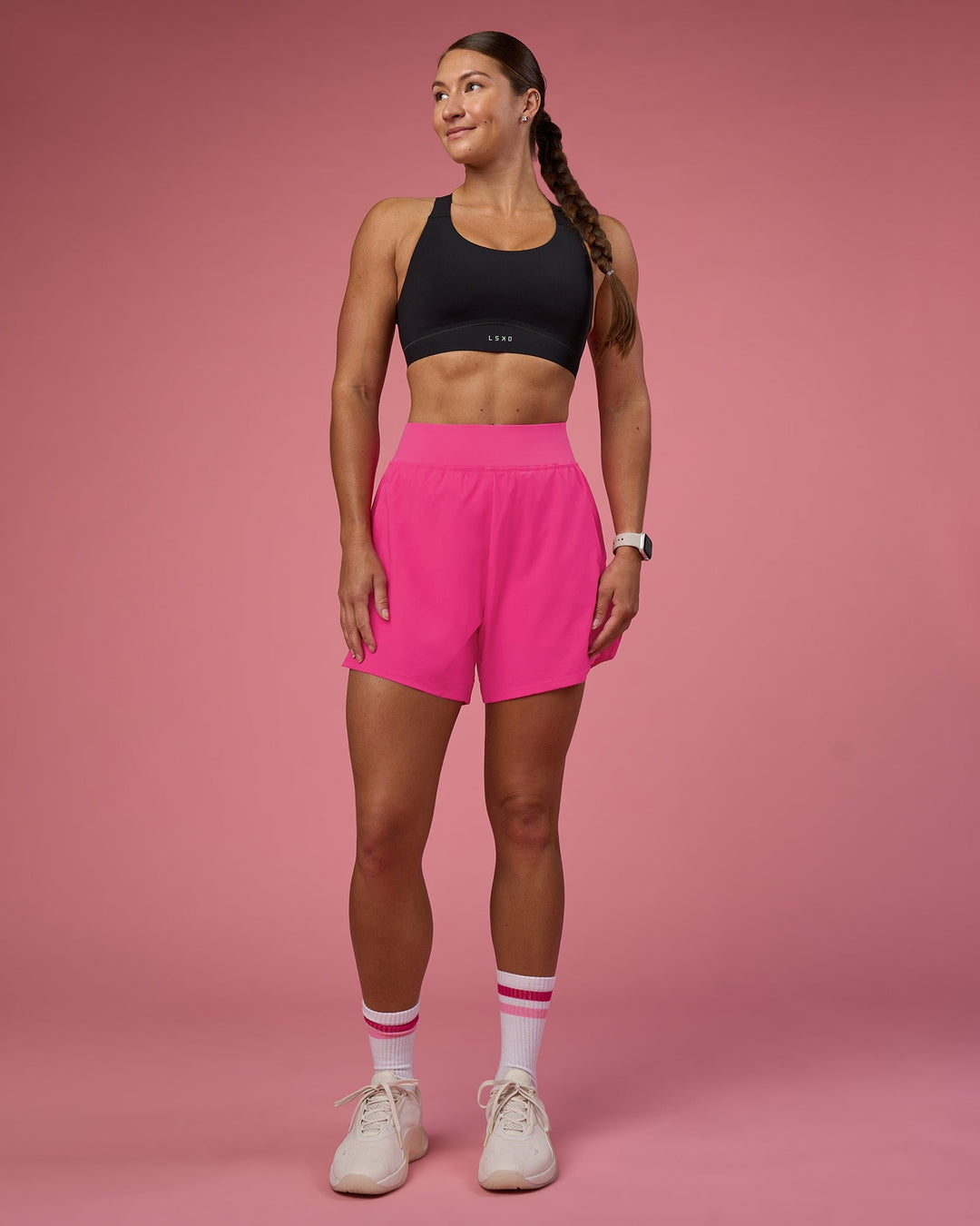 Woman wearing Challenger 5" Lined Performance Short - Ultra Pink | Model:Hannah | Size:S