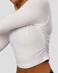 Woman wearing Clarity Long Sleeve Tee - White | Model:Amity | Size:S