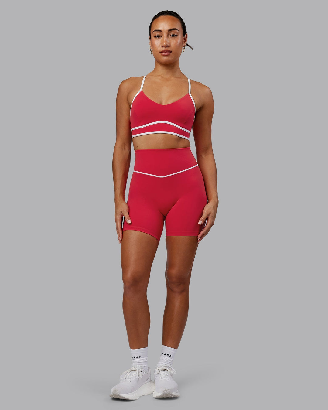 Woman wearing Contrast Sports Bra - Scarlet-White