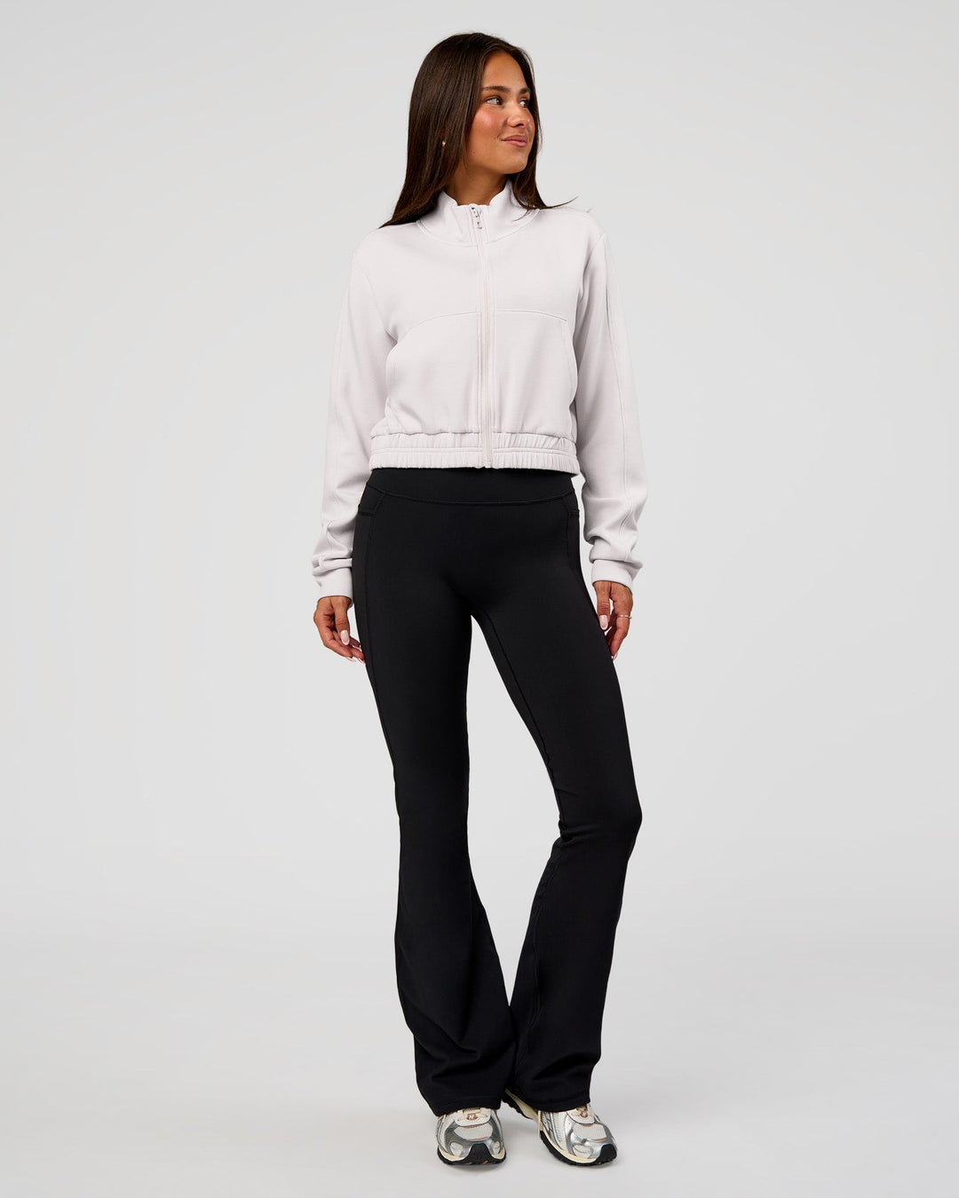 Woman wearing Elevate SoftTouch Cropped Full Zip Jacket - Clay | Model:Bianca | Size:S