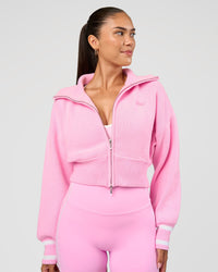 Woman wearing Fierce Knitted Cardigan - Pink Rose-White | Model:Rhiley | Size:S