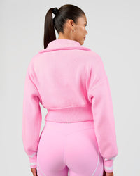 Woman wearing Fierce Knitted Cardigan - Pink Rose-White | Model:Rhiley | Size:S