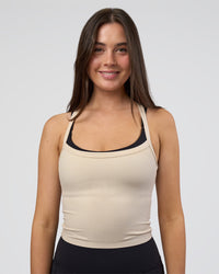 Woman wearing Flame Ribbed Tank - Shale Beige | Model:Estella | Size:S