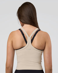 Woman wearing Flame Ribbed Tank - Shale Beige | Model:Estella | Size:S