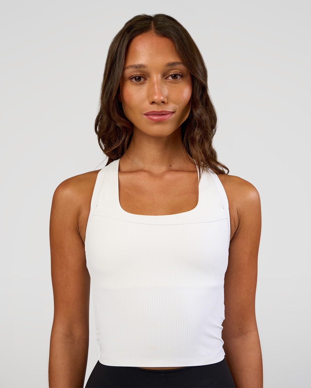 Woman wearing Flame Ribbed Tank - White | Model:Dakota | Size:S