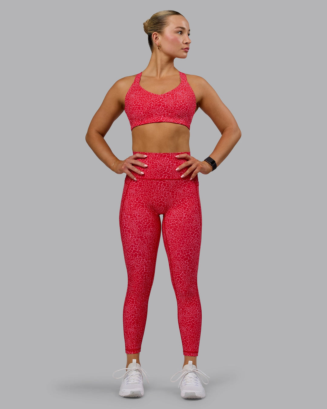 Woman wearing Fusion 7/8 Length Tights - Red Vitality Print